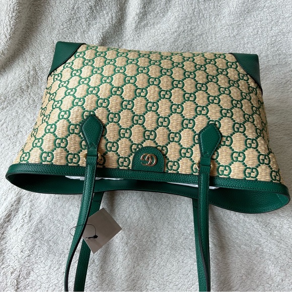 NWT Authentic Gucci Special Edition Straw Woven GG Ophidia Tote Bag NaturalGreen - Picture 14 of 14